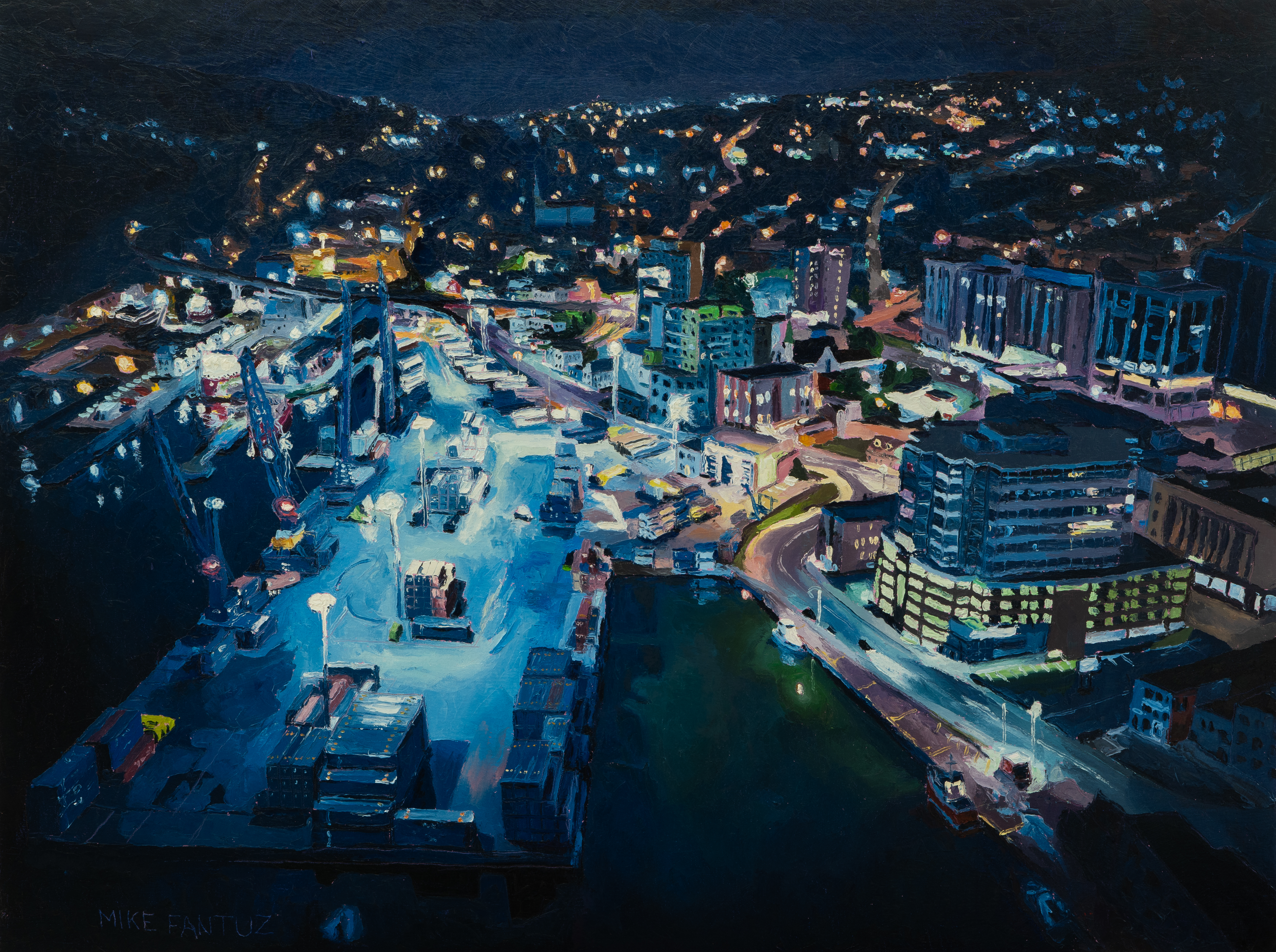 An oil canvas painting of a night skyline with vibrant glimpses of light and colour.